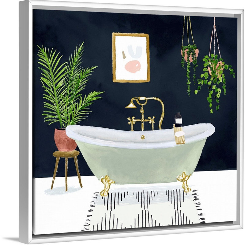 Boho Bath I - reproduction d'art sur toile, Cadre flottant blanc, H 25,7 po x l 25,7 po x P 1,75 po