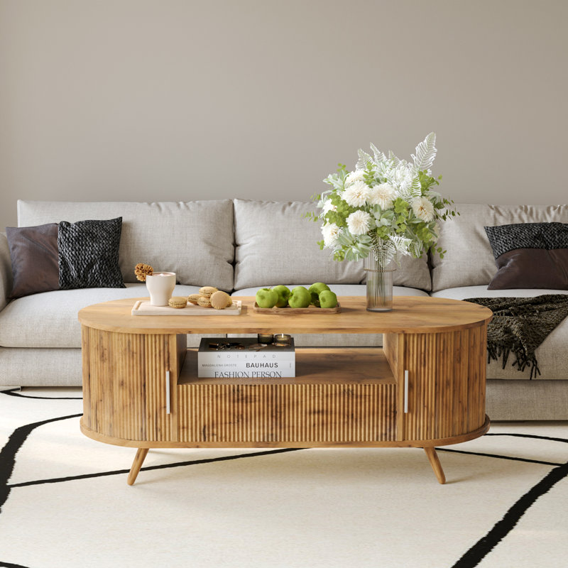Table basse ovale DFW de 115 cm (45,27 pouces) avec rangement, style moderne du milieu du siècle, chêne naturel