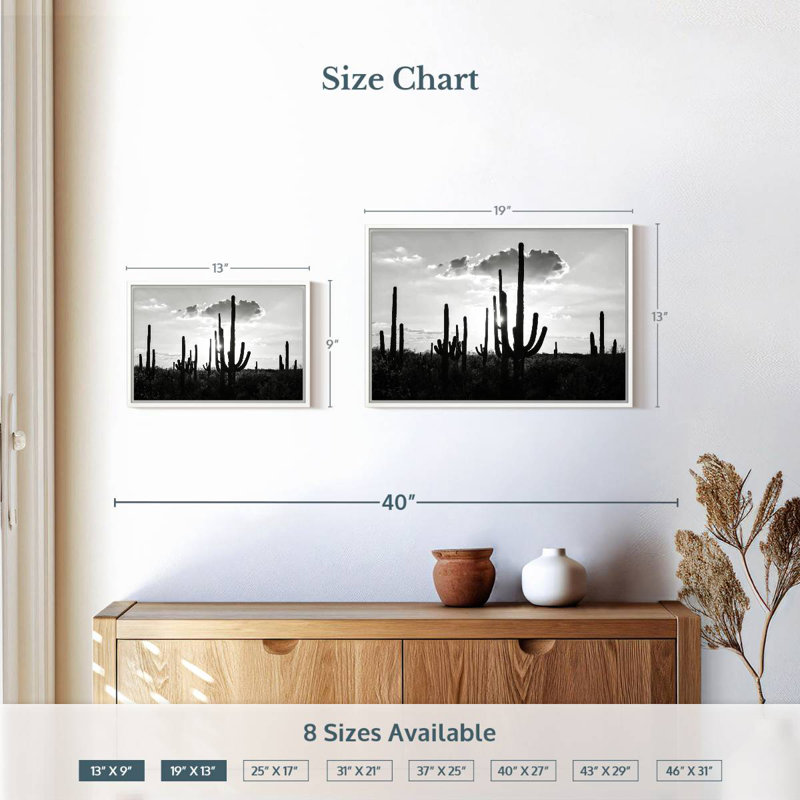Arizona noir - Silhouettes de cactus, 19 po x 13 po, Cadre flottant blanc