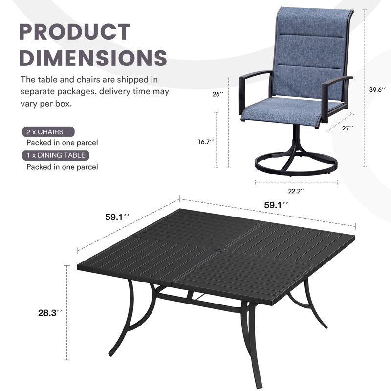 Patio Dining Set with 8 Padded Swivel Dining Chairs and 59" Square Dining Table, Black/Navy