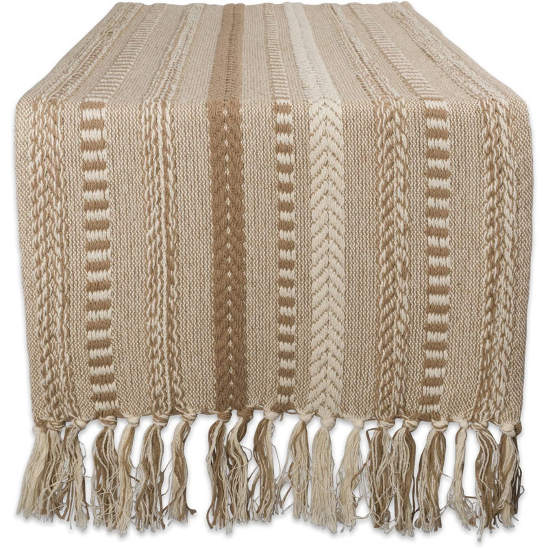 77" Long Farmhouse Braided Stripe Cotton Table Runner with Macrame Fringe, Stone