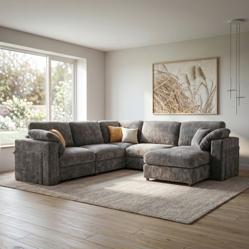 6 - Piece 120.8" Teddy Corner Sectional Sofa Modular Cloud Couch with Ottoman and Storage Side Table, Gray Teddy
