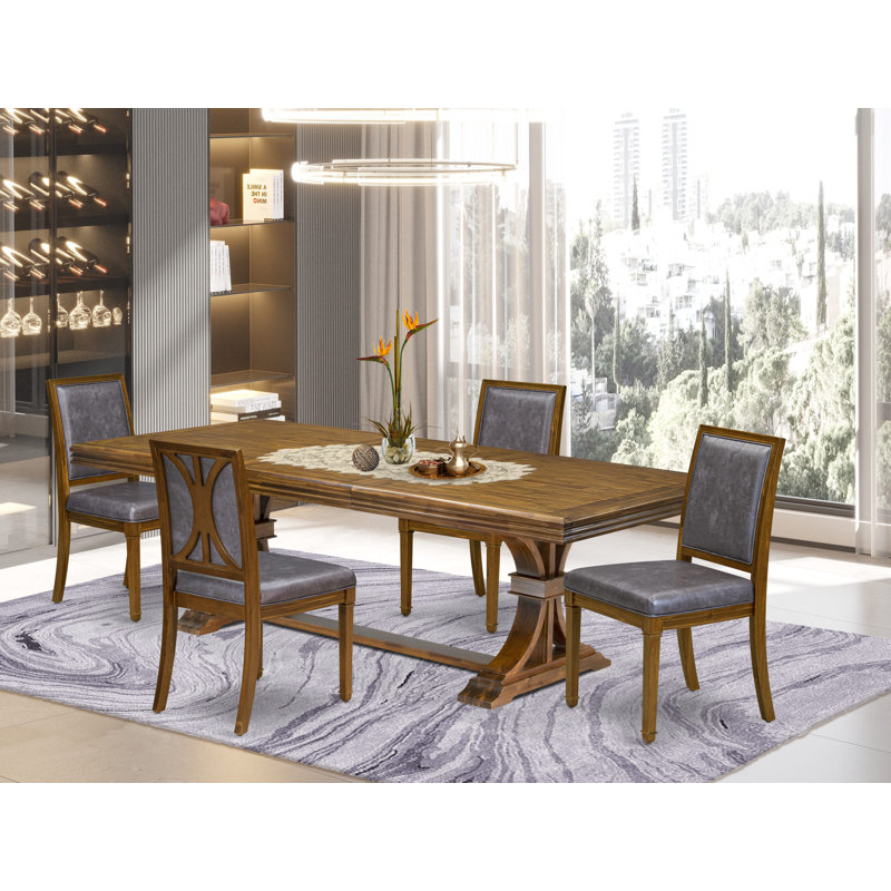 L'ensemble de table de salle à manger 5 pièces se compose d'une table de salle à manger moderne et de 4 chaises de cuisine en similicuir gris foncé avec dossier haut - finition noyer antique