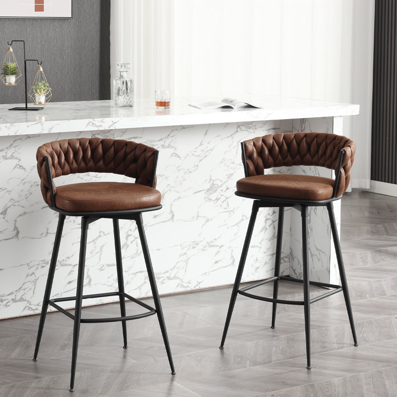 Kymberlynn Swivel Upholstered Low Back Bar & Counter Stool With Metal Frame, Brown, Bar Stool (30.7” Seat Height)
