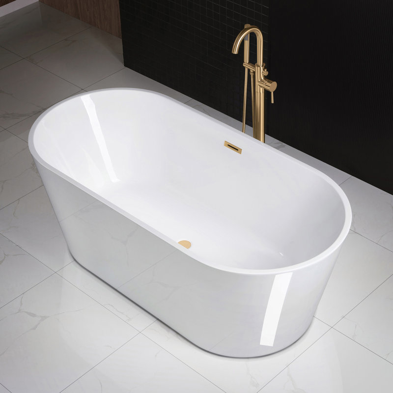 67" x 32" Freestanding Soaking Acrylic Bathtub, Brushed Gold, White