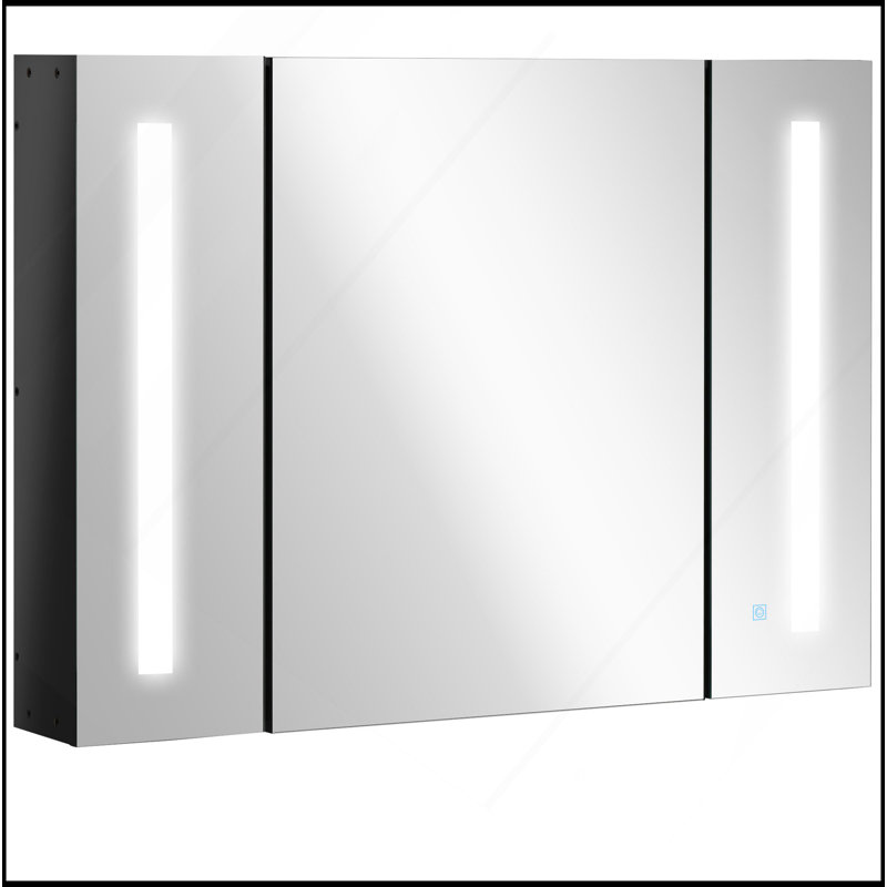 Armoire à pharmacie à DEL avec miroir, armoire de salle de bain murale l 35,5 "x H 25,5" avec 3 armoires, fonction mémoire, charge USB, noir ultrabrillant
