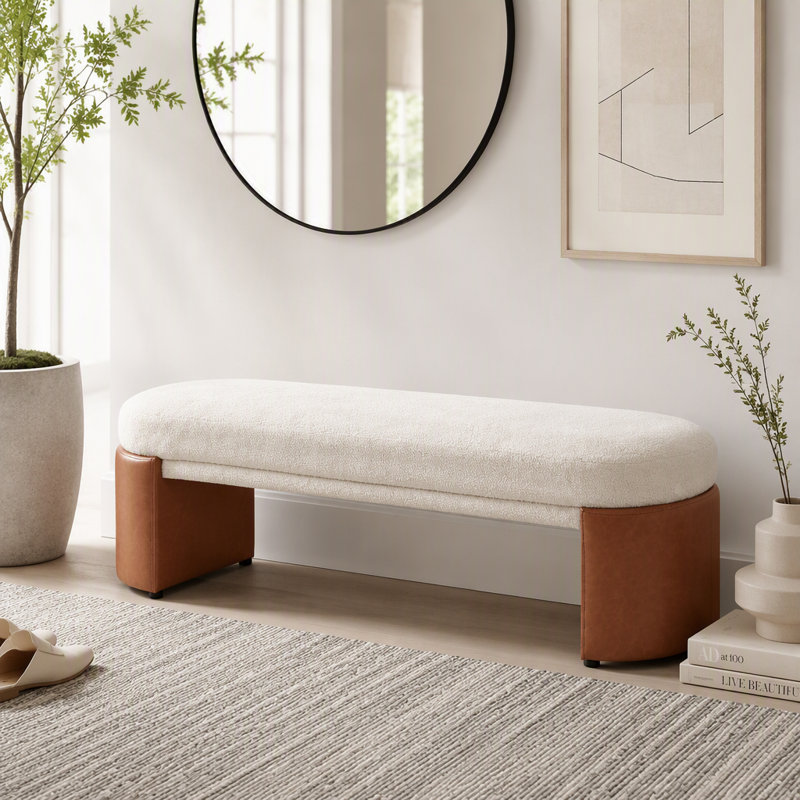 Banc de salle à manger rembourré, structure en caoutchouc et contreplaqué, Beige-Boucle - L 62,83 po