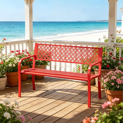 Banc de jardin extérieur en métal pour 2 personnes, banc de patio d'une capacité de 790 lb avec dossier géométrique, siège d'extérieur pour porche