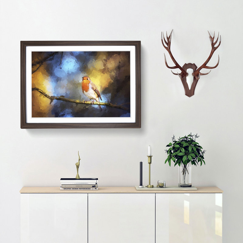Robin Bird in a Tree in Abstract - Picture Frame Painting Print, 35cm H x 50cm W x 2cm D, Walnut