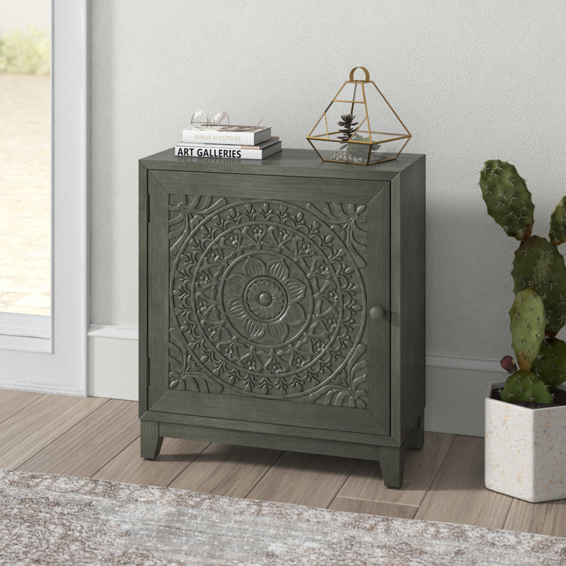 Dix Solid Wood Carved Detail Accent Cabinet, Dark Gray