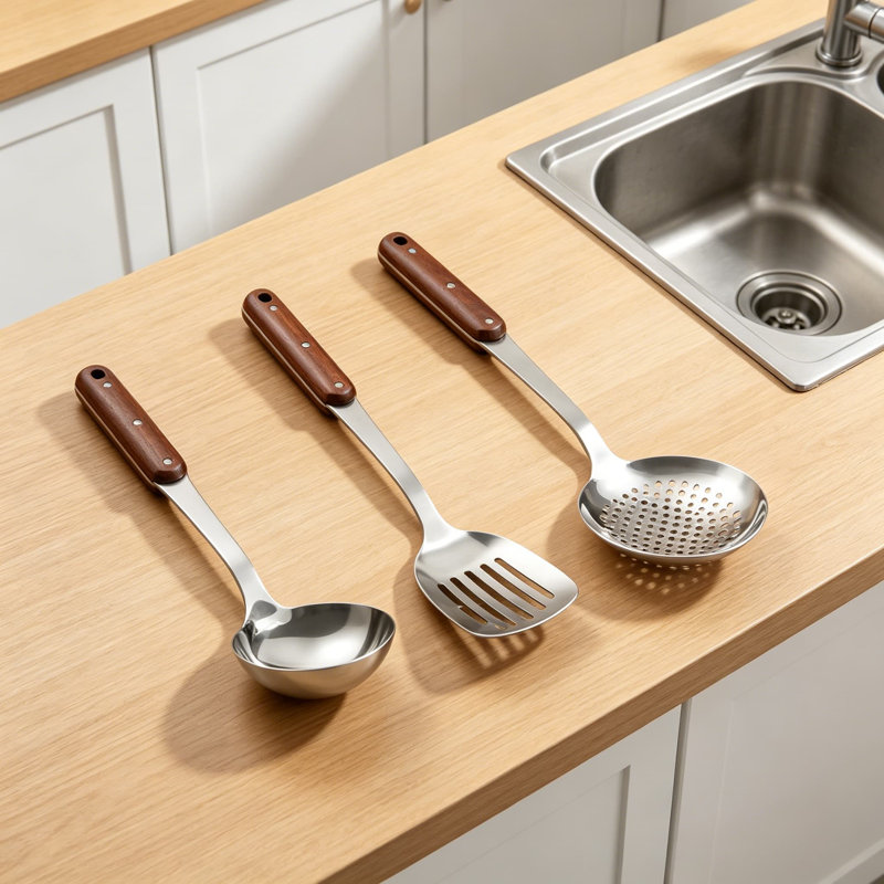 Ensemble d'ustensiles de cuisine en acier inoxydable poli avec poignées en bois, outils de cuisine faciles à nettoyer, 3 pièces