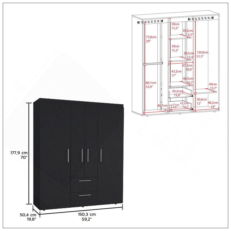 Armoire Bariloche, rangement multi-sections avec tringles de suspension, tablettes et 2 tiroirs, Noir