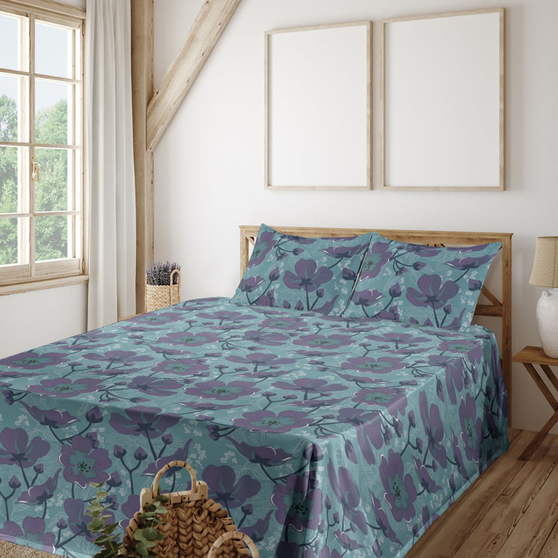 Ambesonne Watercolor Botany Sheet Set 4 Pcs Retro Boho Bloom, Seafoam Mauve Off White Floral