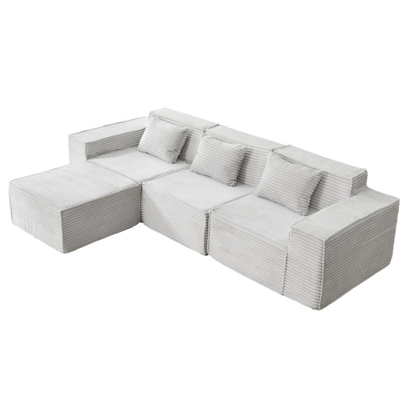 L-Shaped Modular Sectional Sofa, 3-Seater With Ottoman, Striped Corduroy Fabric, High-Density Foam For Home, Apartment, Office (Light Gray)