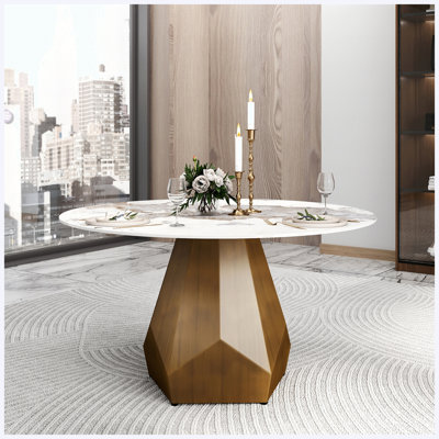 Table de salle à manger 53 po ronde en marbre artificiel avec base en métal, pouvant accueillir 6 personnes, pour la salle à manger / salon / cuisine