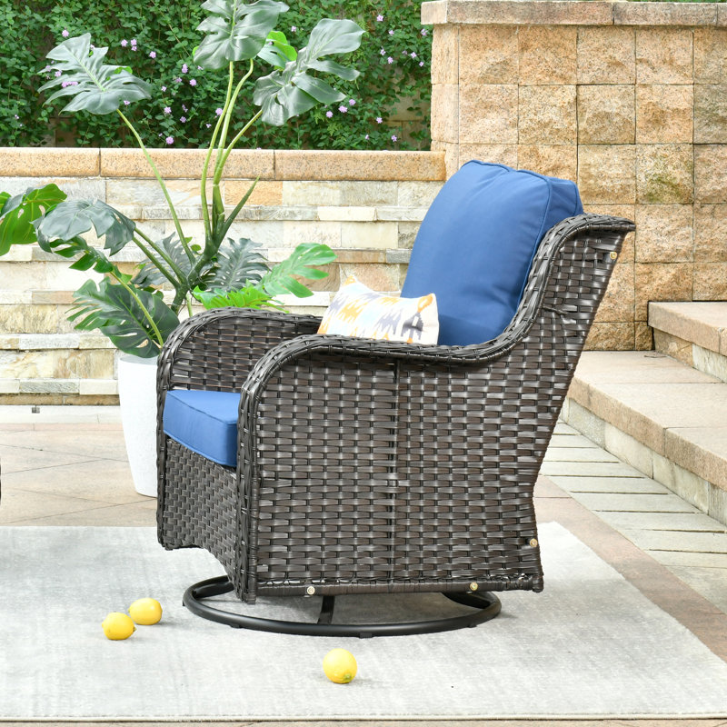 Chaises longues berçantes pivotantes en osier avec coussins, Marine, Brun