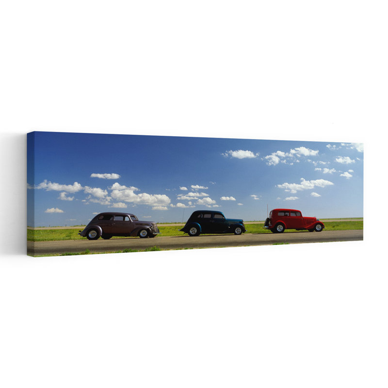 Trois hot rods se déplaçant sur une autoroute, Route 66, États-Unis, paysage contemporain abstrait, art mural