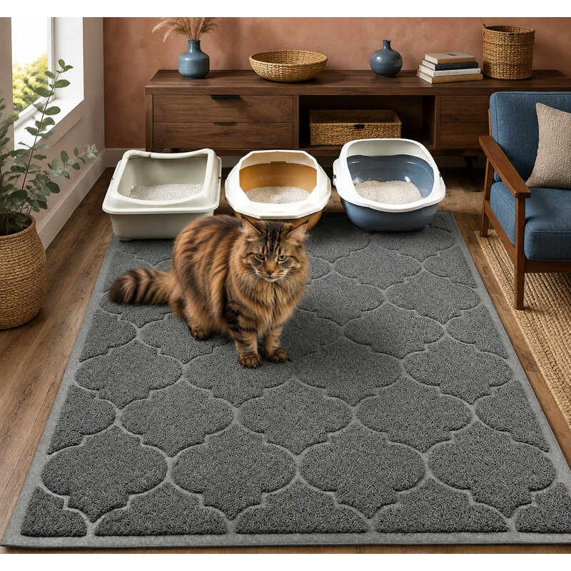 The 46 x 35 in XL super-size cat litter mat is durable, phthalate-free, soft on paws, and easy to clean while providing large-area litter coverage.