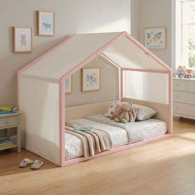 Lit à baldaquin avec panneaux latéraux rembourrés en velours, baldaquin en lin respirant, cadre de lit plateforme à rembourrage doux, lit moderne à assemblage facile pour la chambre à coucher, chambre d'amis