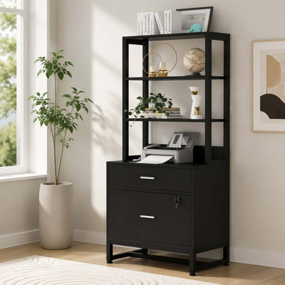 4-Tier Open Top File Cabinet with 2 Drawers, Lockable Hanging File Drawer MDF Storage Cabinet with Steel Frame for Home Office Document Organizing
