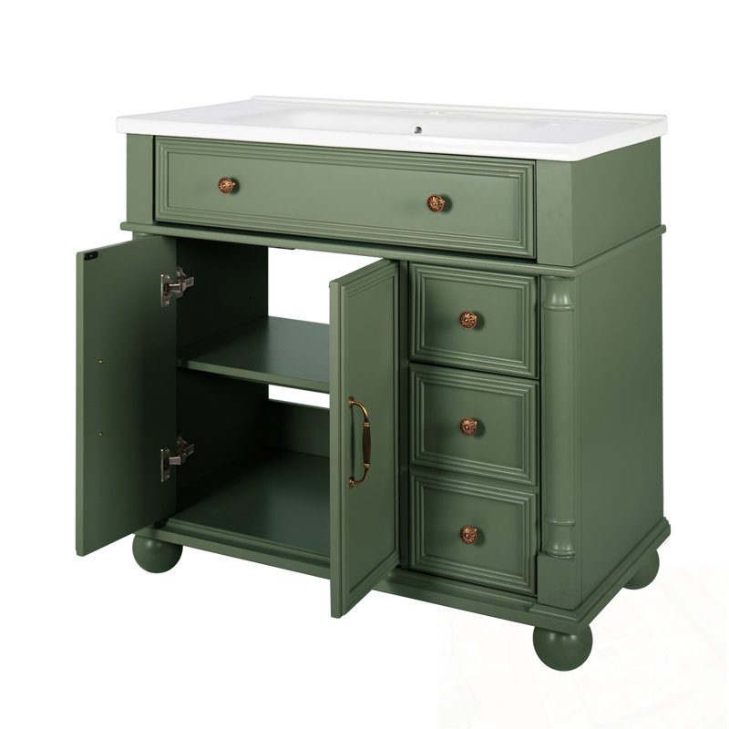 Meuble-lavabo de salle de bain avec lavabo et poignées en métal, Vert