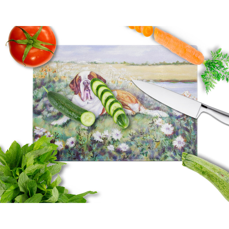 Caroline's Treasures Tempered Glass Saint Bernard in Flowers Cutting Board
