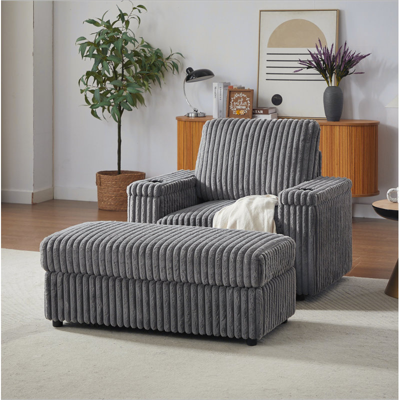 Fauteuil inclinable simple en velours côtelé de 42,5 pouces avec coussin de dossier, porte-gobelet, repose-pieds de rangement, canapé de salon confortable et profond