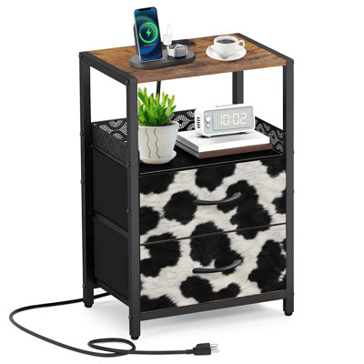 Table de chevet 2 tiroirs en tissu avec station de charge Table de chevet pour chambre de vache noire et blanche avec tablette ouverte Ports et prises USB