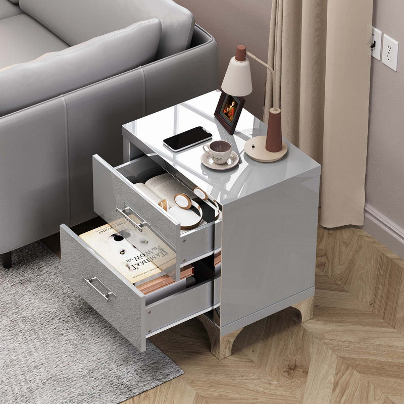 Table de chevet moderne ultrabrillante avec 2 tiroirs silencieux, Gris