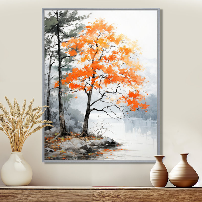 Orange et gris, forêt, automne, élégance I - art mural forêt, H 32 po x l 24 po x P 1 po, Encadrement argenté