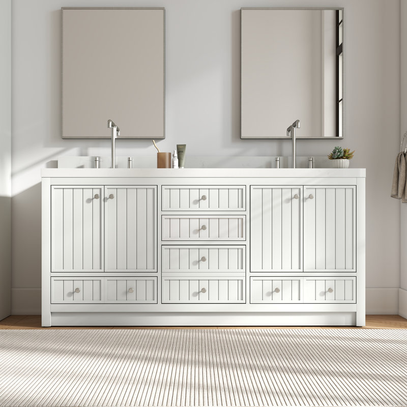 Aula 72" Double Bathroom Vanity with 2" Thassos White Quartz Countertop, Pearl White
