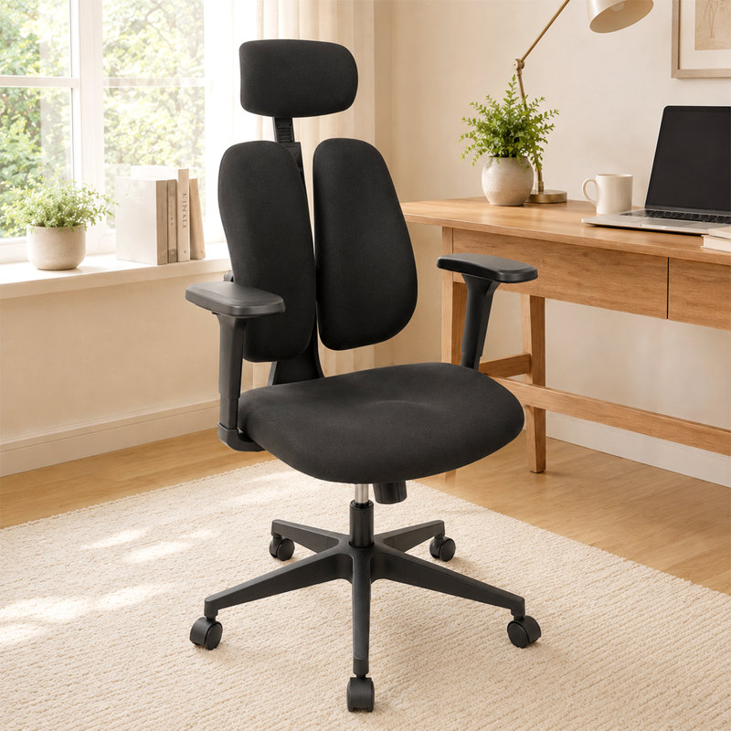 Chaise de bureau ergonomique à dossier divisé avec appui-tête 2d réglable et accoudoirs 4d, Without Footrest
