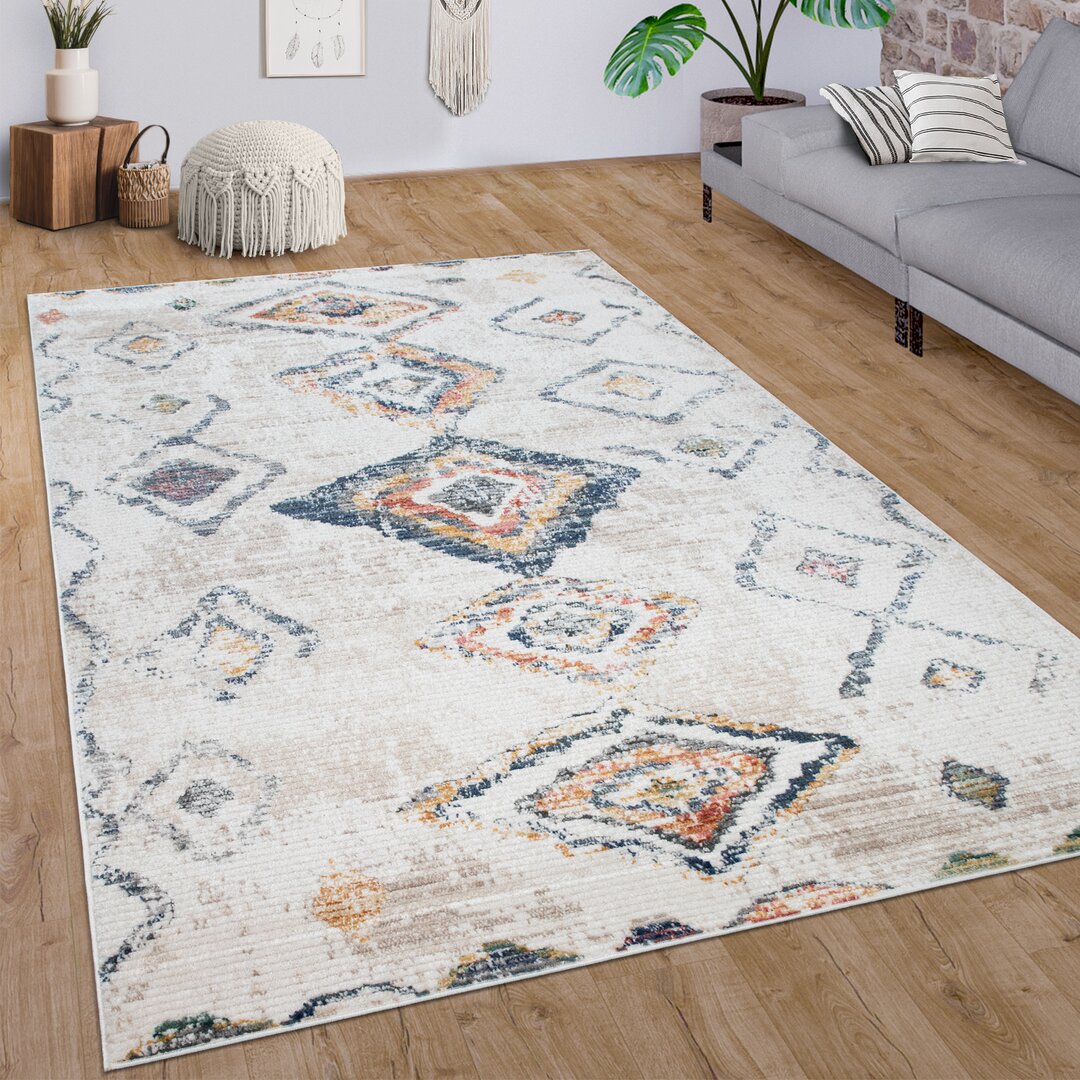 Lena Wohnzimmer Kurzflor Modern Rauten Ethno Boho 3D Power Loom Beige/Blau/Orange Teppich