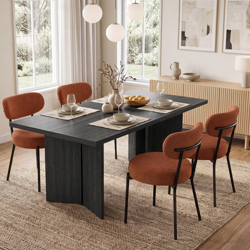 Table de salle à manger rectangulaire en bois Alyria de 63 po avec 4 chaises de salle à manger en cuir bouclé Sherpa, Black