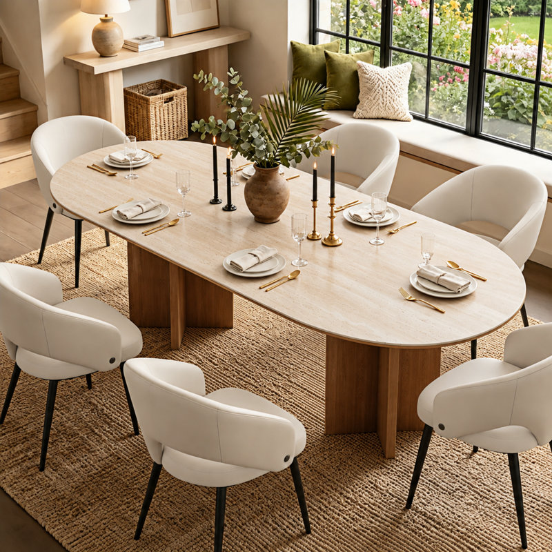 Table de salle à manger rectangulaire moderne pour 6 personnes, pieds en bois massif, plateau de table en pierre 71 po Modern