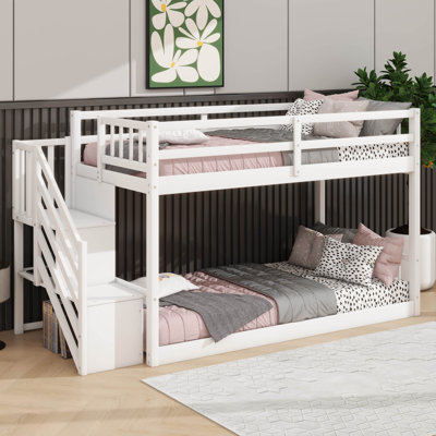 Twin Over Twin Bunk Bed With Storage-Integrated Stairs, Wooden Floor Bunk With Ample Storage