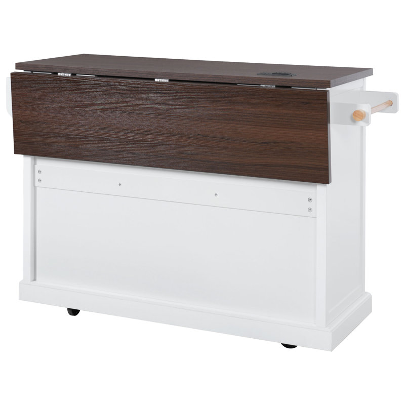 54.9" Kitchen Island with Drop Leaf, Power Outlet, Kitchen Storage Cart with 4 Door Shelves, Cross Barn Doors & Visual Glass Door, Rolling Kitchen Island on 4 Wheels for Kitchen, Dining Room,White
