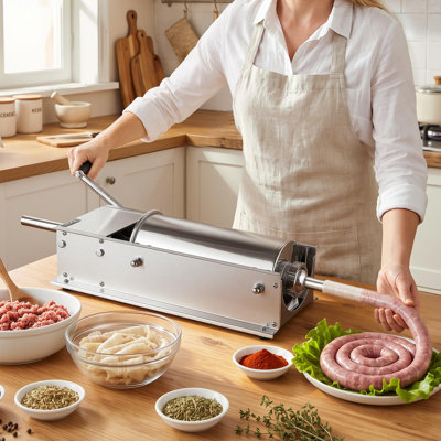 Égouttoir à saucisse manuel 11 lb / 5 L Machine à viande horizontale en acier inoxydable, pour barbecue de camping en plein air, four à viande à deux vitesses, ensemble de remplissage de saucisse robuste professionnel, 4 tubes de remplissage