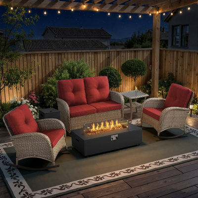 Esquer 5-Piece Outdoor Wicker Loveseat Conversation Set With Rocking Chairs And Separate Fire Pit Table