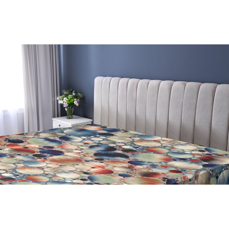 Drap-housse floral Ambesonne, Drap-housse de taille simple, Brun clair / bleu foncé / motif à pois vermillon