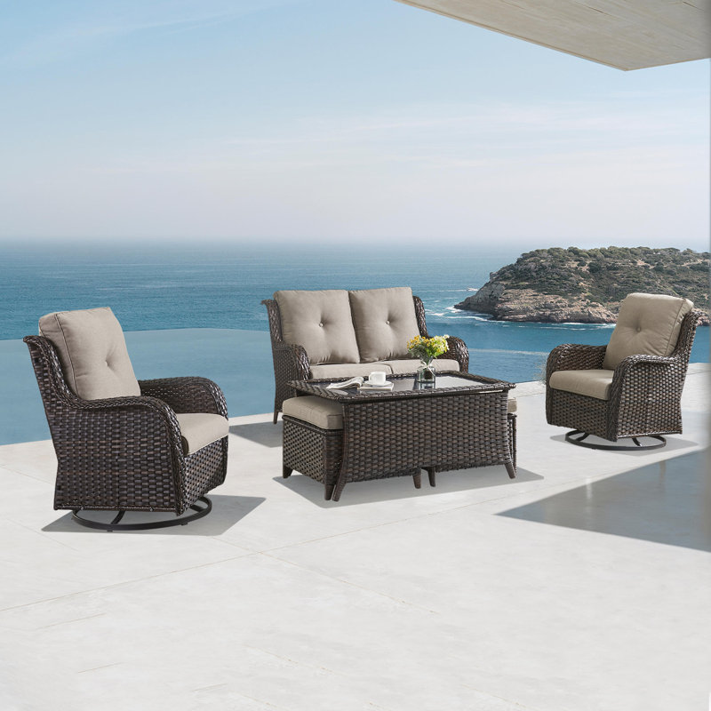 Ensemble de conversation pour 4 personnes avec coussins, Structure brune / coussin gris