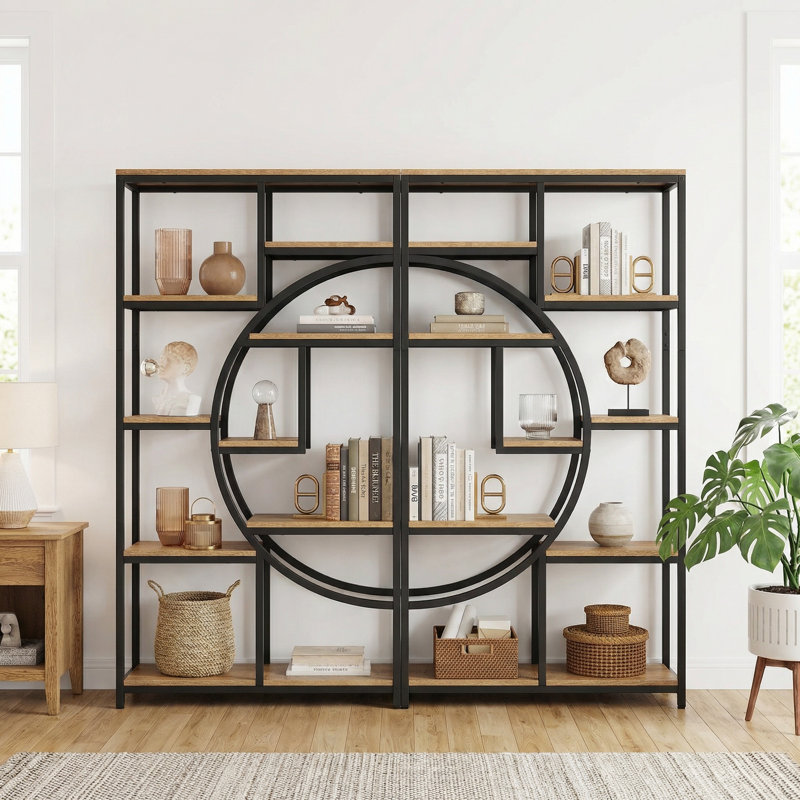 Stoil 68.89" H x 37.4" W Steel Geometric Bookcase, Light Brown/Black