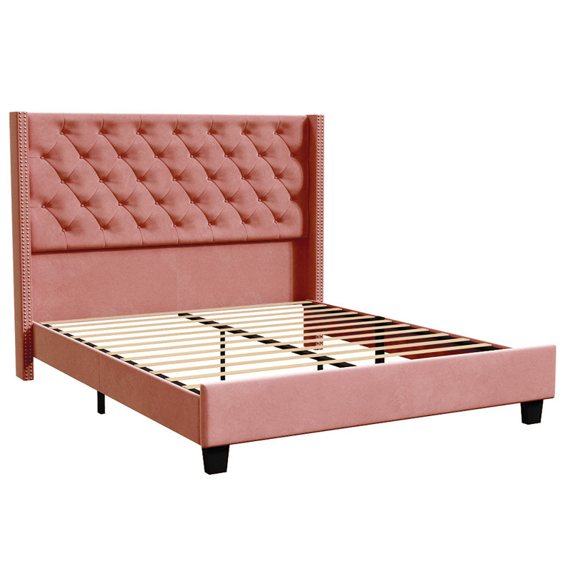 Meriton Wingback Upholstered , Metal frame, No Box Spring, Plywood Slats, Full, Pink