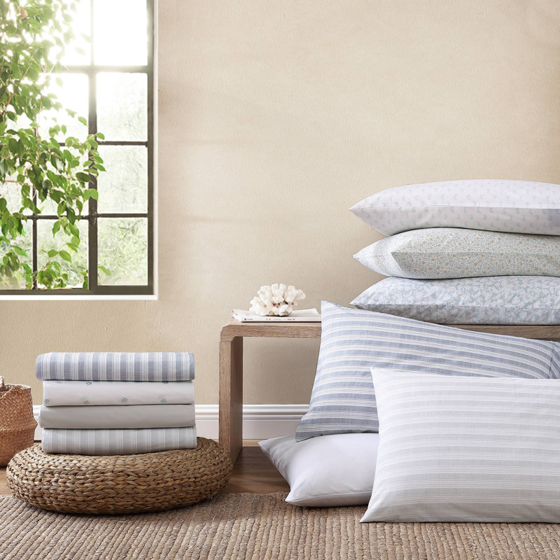 Ensemble de draps en coton percale Tommy Bahama, Ensemble de draps pour grand lit avec 2 taies d'or, Bleu Koya Bay