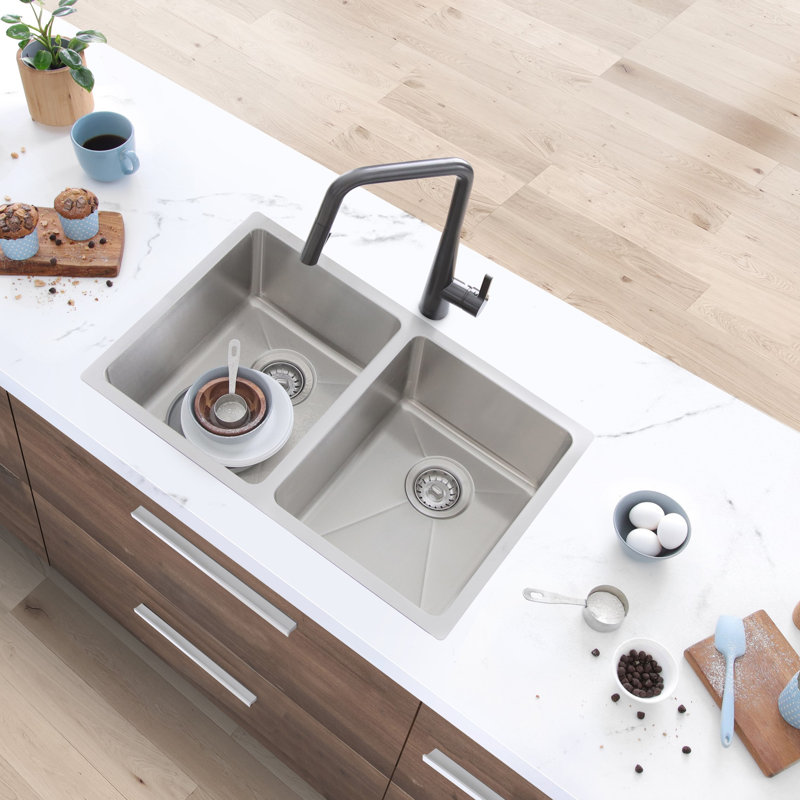 31 in. x 18 in. 16 Gauge, Stainless Steel, Brushed 50/50 Double Bowl Undermount or Drop-In Kitchen Sink