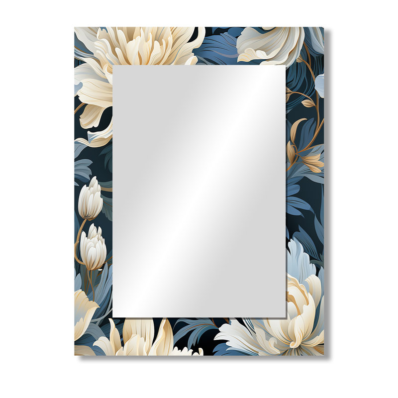 Bendina, blanc et bleu, chèvre de Chine, tranquillité zen - miroir floral, miroir mural floral unique, impression d'art en métal