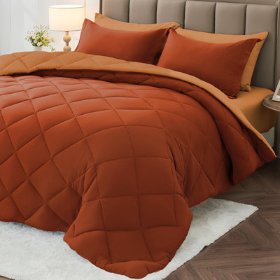 5 Pieces Twin XL Comforter Set, Reversible Bed in a Bag Twin XL Size, All Season Bedding Set with Comforter, Flat Sheet, Fitted Sheet, Pillowcases & Shams, Burnt Orange & Camel