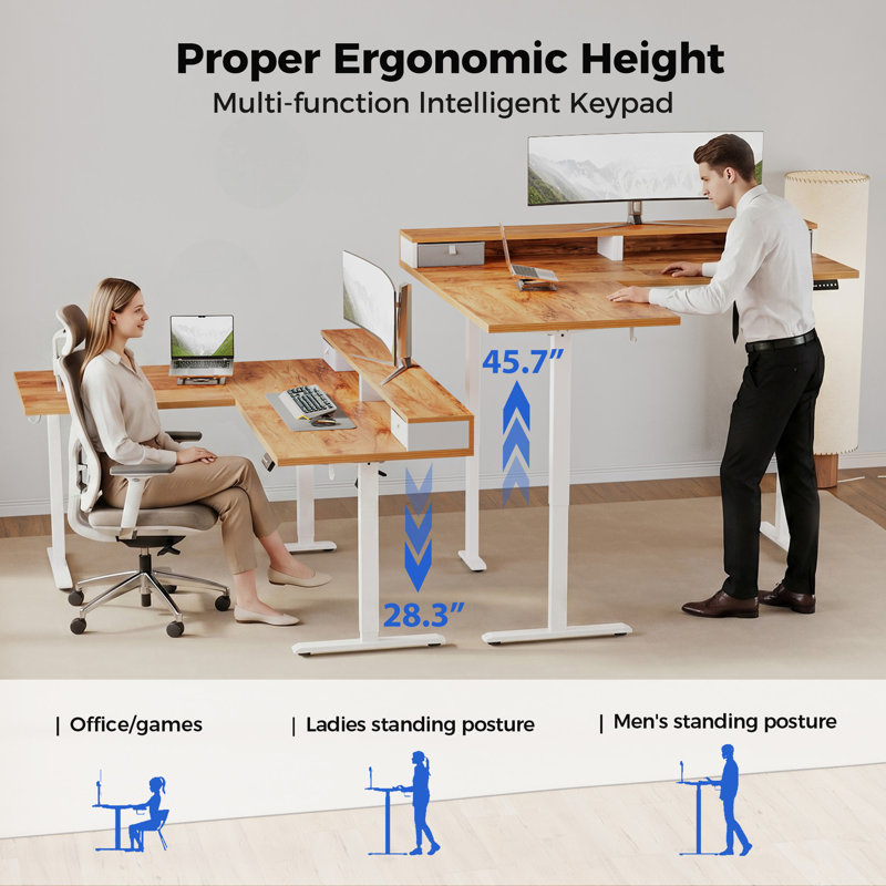 63 Inch L-Shaped Electric Height Adjustable Standing Desk with Drawers & Monitor Shelf, Ergonomic Corner Home Office Desk, with Hooks & Cable Management, Light Rustic Brown