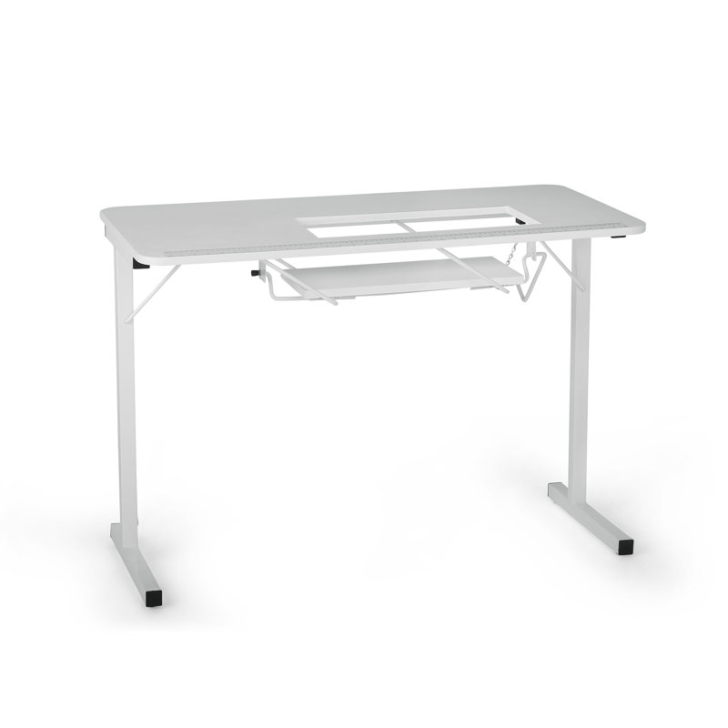 White Folding Sewing Table with Manual Lift and Steel Legs