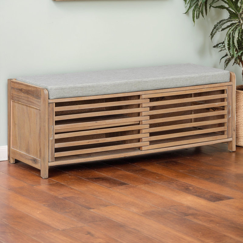 Upholstered Storage Bench, White Washed